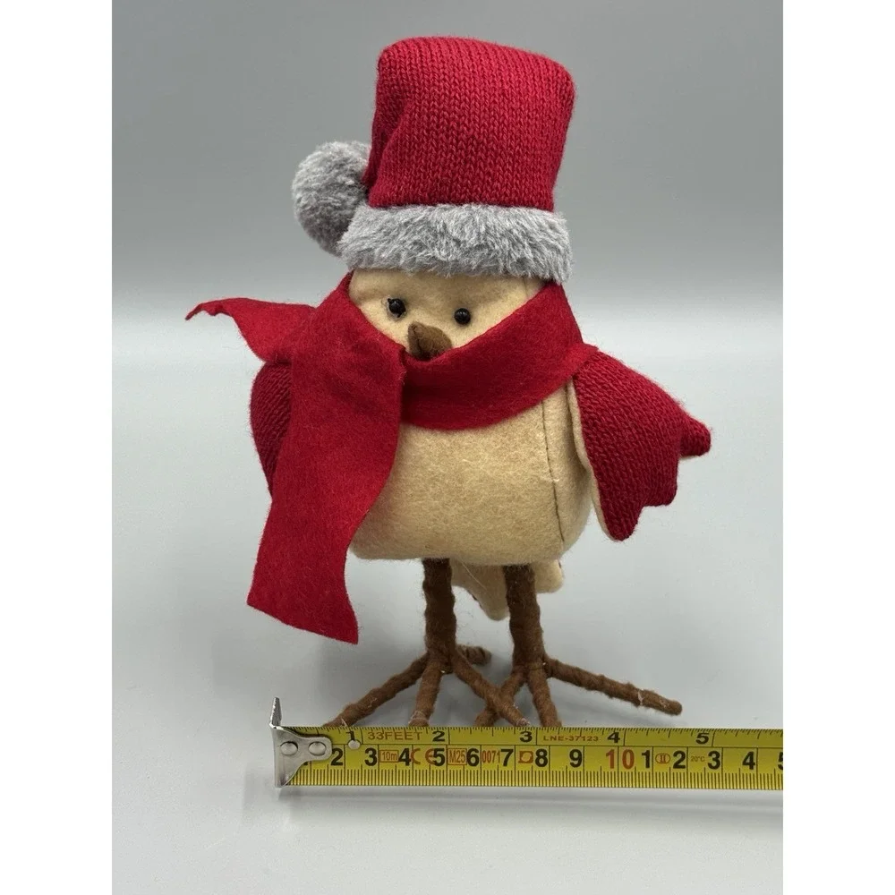 Holiday Bird In Christmas Santa Hat Cap Scarf 7 Inch Figurine Standing
